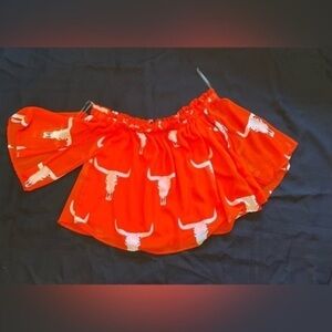Peach Love off the shoulder cow skull ruffle orange crop top